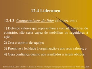 Fonte: ARAUJO, Luis César G. de. Gestão de Pessoas; estratégias e integração organizacional São Paulo: Atlas, 2006.
12.4 Liderança
12.4.3 Compromissos do líder (REDDIN, 1981)
1) Defende valores que representam a vontade coletiva, do
contrário, não seria capaz de mobilizar os seguidores à
ação;
2) Cria o espírito de equipe;
3) Promove a lealdade à organização e aos seus valores; e
4) Gera confiança quanto aos resultados a serem obtidos.
 