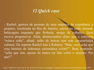 Fonte: ARAUJO, Luis César G. de. Gestão de Pessoas; estratégias e integração organizacional São Paulo: Atlas, 2006.
12 Quick case
- Rachel, gestora de pessoas de uma empresa de engenharia e
projetos, localizada no Rio de Janeiro, estava no salão fazendo
balayagem enquanto que Roberta, amiga de trabalho, fazia
escova progressiva. Aliás, desnecessário dizer que a conversa
“rolava solta”, afinal, salão de beleza tem esta característica
cultural. De repente Rachel fala à Roberta: “Beta, você acha que
essa história de liderança carismática existe?”. Beta responde:
“acho que sim, apesar de nunca ter lido sobre o assunto. Por
que?”.
 