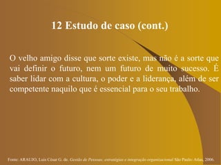 Fonte: ARAUJO, Luis César G. de. Gestão de Pessoas; estratégias e integração organizacional São Paulo: Atlas, 2006.
12 Estudo de caso (cont.)
O velho amigo disse que sorte existe, mas não é a sorte que
vai definir o futuro, nem um futuro de muito sucesso. É
saber lidar com a cultura, o poder e a liderança, além de ser
competente naquilo que é essencial para o seu trabalho.
 