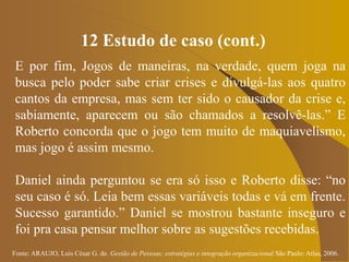 Fonte: ARAUJO, Luis César G. de. Gestão de Pessoas; estratégias e integração organizacional São Paulo: Atlas, 2006.
12 Estudo de caso (cont.)
E por fim, Jogos de maneiras, na verdade, quem joga na
busca pelo poder sabe criar crises e divulgá-las aos quatro
cantos da empresa, mas sem ter sido o causador da crise e,
sabiamente, aparecem ou são chamados a resolvê-las.” E
Roberto concorda que o jogo tem muito de maquiavelismo,
mas jogo é assim mesmo.
Daniel ainda perguntou se era só isso e Roberto disse: “no
seu caso é só. Leia bem essas variáveis todas e vá em frente.
Sucesso garantido.” Daniel se mostrou bastante inseguro e
foi pra casa pensar melhor sobre as sugestões recebidas.
 