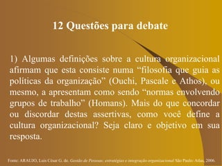 Fonte: ARAUJO, Luis César G. de. Gestão de Pessoas; estratégias e integração organizacional São Paulo: Atlas, 2006.
12 Questões para debate
1) Algumas definições sobre a cultura organizacional
afirmam que esta consiste numa “filosofia que guia as
políticas da organização” (Ouchi, Pascale e Athos), ou
mesmo, a apresentam como sendo “normas envolvendo
grupos de trabalho” (Homans). Mais do que concordar
ou discordar destas assertivas, como você define a
cultura organizacional? Seja claro e objetivo em sua
resposta.
 