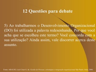 Fonte: ARAUJO, Luis César G. de. Gestão de Pessoas; estratégias e integração organizacional São Paulo: Atlas, 2006.
12 Questões para debate
5) Ao trabalharmos o Desenvolvimento Organizacional
(DO) foi utilizada a palavra redesenhando. Por que você
acha que se escolheu este termo? Você concorda com a
sua utilização? Ainda assim, vale discorrer acerca deste
assunto.
 