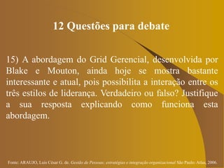 Fonte: ARAUJO, Luis César G. de. Gestão de Pessoas; estratégias e integração organizacional São Paulo: Atlas, 2006.
12 Questões para debate
15) A abordagem do Grid Gerencial, desenvolvida por
Blake e Mouton, ainda hoje se mostra bastante
interessante e atual, pois possibilita a interação entre os
três estilos de liderança. Verdadeiro ou falso? Justifique
a sua resposta explicando como funciona esta
abordagem.
 