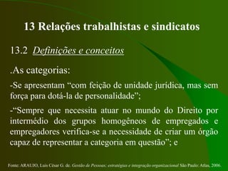 Fonte: ARAUJO, Luis César G. de. Gestão de Pessoas; estratégias e integração organizacional São Paulo: Atlas, 2006.
13 Relações trabalhistas e sindicatos
13.2 Definições e conceitos
.As categorias:
-Se apresentam “com feição de unidade jurídica, mas sem
força para dotá-la de personalidade”;
-“Sempre que necessita atuar no mundo do Direito por
intermédio dos grupos homogêneos de empregados e
empregadores verifica-se a necessidade de criar um órgão
capaz de representar a categoria em questão”; e
 