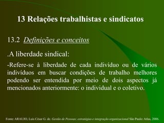 Fonte: ARAUJO, Luis César G. de. Gestão de Pessoas; estratégias e integração organizacional São Paulo: Atlas, 2006.
13 Relações trabalhistas e sindicatos
13.2 Definições e conceitos
.A liberdade sindical:
-Refere-se à liberdade de cada indivíduo ou de vários
indivíduos em buscar condições de trabalho melhores
podendo ser entendida por meio de dois aspectos já
mencionados anteriormente: o individual e o coletivo.
 
