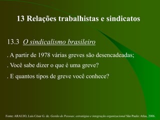 Fonte: ARAUJO, Luis César G. de. Gestão de Pessoas; estratégias e integração organizacional São Paulo: Atlas, 2006.
13 Relações trabalhistas e sindicatos
13.3 O sindicalismo brasileiro
. A partir de 1978 várias greves são desencadeadas;
. Você sabe dizer o que é uma greve?
. E quantos tipos de greve você conhece?
 