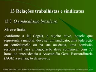Fonte: ARAUJO, Luis César G. de. Gestão de Pessoas; estratégias e integração organizacional São Paulo: Atlas, 2006.
13 Relações trabalhistas e sindicatos
13.3 O sindicalismo brasileiro
.Greve lícita:
-conforme a lei (legal), o sujeito ativo, aquele que
representa a maioria, deve ser um sindicato, uma federação
ou confederação ou na sua ausência, uma comissão
responsável para a negociação deve comunicar com 72
horas de antecedência à Assembléia Geral Extraordinária
(AGE) a realização da greve; e
 