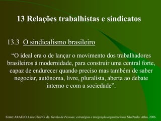 Fonte: ARAUJO, Luis César G. de. Gestão de Pessoas; estratégias e integração organizacional São Paulo: Atlas, 2006.
13 Relações trabalhistas e sindicatos
13.3 O sindicalismo brasileiro
“O ideal era o de lançar o movimento dos trabalhadores
brasileiros à modernidade, para construir uma central forte,
capaz de endurecer quando preciso mas também de saber
negociar, autônoma, livre, pluralista, aberta ao debate
interno e com a sociedade”.
 