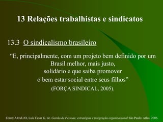 Fonte: ARAUJO, Luis César G. de. Gestão de Pessoas; estratégias e integração organizacional São Paulo: Atlas, 2006.
13 Relações trabalhistas e sindicatos
13.3 O sindicalismo brasileiro
“E, principalmente, com um projeto bem definido por um
Brasil melhor, mais justo,
solidário e que saiba promover
o bem estar social entre seus filhos”
(FORÇA SINDICAL, 2005).
 