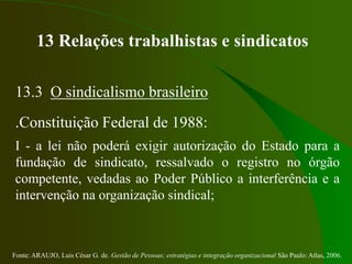 Fonte: ARAUJO, Luis César G. de. Gestão de Pessoas; estratégias e integração organizacional São Paulo: Atlas, 2006.
13 Relações trabalhistas e sindicatos
13.3 O sindicalismo brasileiro
.Constituição Federal de 1988:
I - a lei não poderá exigir autorização do Estado para a
fundação de sindicato, ressalvado o registro no órgão
competente, vedadas ao Poder Público a interferência e a
intervenção na organização sindical;
 
