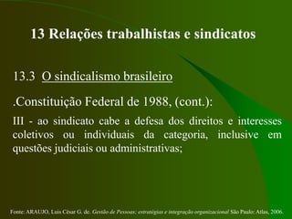 Fonte: ARAUJO, Luis César G. de. Gestão de Pessoas; estratégias e integração organizacional São Paulo: Atlas, 2006.
13 Relações trabalhistas e sindicatos
13.3 O sindicalismo brasileiro
.Constituição Federal de 1988, (cont.):
III - ao sindicato cabe a defesa dos direitos e interesses
coletivos ou individuais da categoria, inclusive em
questões judiciais ou administrativas;
 