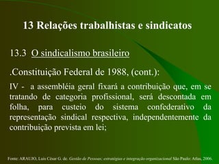 Fonte: ARAUJO, Luis César G. de. Gestão de Pessoas; estratégias e integração organizacional São Paulo: Atlas, 2006.
13 Relações trabalhistas e sindicatos
13.3 O sindicalismo brasileiro
.Constituição Federal de 1988, (cont.):
IV - a assembléia geral fixará a contribuição que, em se
tratando de categoria profissional, será descontada em
folha, para custeio do sistema confederativo da
representação sindical respectiva, independentemente da
contribuição prevista em lei;
 