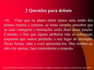 Fonte: ARAUJO, Luis César G. de. Gestão de Pessoas; estratégias e integração organizacional São Paulo: Atlas, 2006.
2 Questões para debate
14) Visto que no plano misto temos uma união dos
planos interno e externo, se torna simples perceber que
as suas vantagens e limitações serão fruto desta junção.
Contudo, é fato que alguns atributos irão se sobressair,
enquanto que outros perderão o seu lugar de destaque.
Desta forma, cabe a você apresentá-los. Mas lembre-se,
não cite apenas, faça comentários a respeito.
 