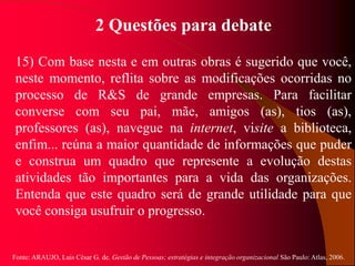 Fonte: ARAUJO, Luis César G. de. Gestão de Pessoas; estratégias e integração organizacional São Paulo: Atlas, 2006.
2 Questões para debate
15) Com base nesta e em outras obras é sugerido que você,
neste momento, reflita sobre as modificações ocorridas no
processo de R&S de grande empresas. Para facilitar
converse com seu pai, mãe, amigos (as), tios (as),
professores (as), navegue na internet, visite a biblioteca,
enfim... reúna a maior quantidade de informações que puder
e construa um quadro que represente a evolução destas
atividades tão importantes para a vida das organizações.
Entenda que este quadro será de grande utilidade para que
você consiga usufruir o progresso.
 