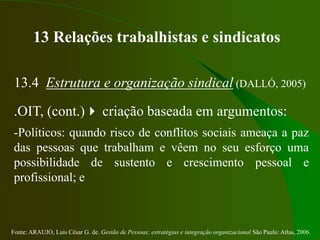 Fonte: ARAUJO, Luis César G. de. Gestão de Pessoas; estratégias e integração organizacional São Paulo: Atlas, 2006.
13 Relações trabalhistas e sindicatos
13.4 Estrutura e organização sindical (DALLÓ, 2005)
.OIT, (cont.) criação baseada em argumentos:
-Políticos: quando risco de conflitos sociais ameaça a paz
das pessoas que trabalham e vêem no seu esforço uma
possibilidade de sustento e crescimento pessoal e
profissional; e
 