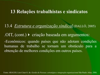 Fonte: ARAUJO, Luis César G. de. Gestão de Pessoas; estratégias e integração organizacional São Paulo: Atlas, 2006.
13 Relações trabalhistas e sindicatos
13.4 Estrutura e organização sindical (DALLÓ, 2005)
.OIT, (cont.) criação baseada em argumentos:
-Econômicos: quando países que não adotam condições
humanas de trabalho se tornam um obstáculo para a
obtenção de melhores condições em outros países.
 