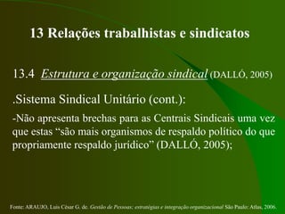 Fonte: ARAUJO, Luis César G. de. Gestão de Pessoas; estratégias e integração organizacional São Paulo: Atlas, 2006.
13 Relações trabalhistas e sindicatos
13.4 Estrutura e organização sindical (DALLÓ, 2005)
.Sistema Sindical Unitário (cont.):
-Não apresenta brechas para as Centrais Sindicais uma vez
que estas “são mais organismos de respaldo político do que
propriamente respaldo jurídico” (DALLÓ, 2005);
 