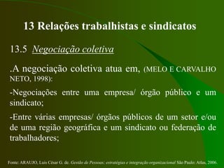 Fonte: ARAUJO, Luis César G. de. Gestão de Pessoas; estratégias e integração organizacional São Paulo: Atlas, 2006.
13 Relações trabalhistas e sindicatos
13.5 Negociação coletiva
.A negociação coletiva atua em, (MELO E CARVALHO
NETO, 1998):
-Negociações entre uma empresa/ órgão público e um
sindicato;
-Entre várias empresas/ órgãos públicos de um setor e/ou
de uma região geográfica e um sindicato ou federação de
trabalhadores;
 