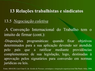 Fonte: ARAUJO, Luis César G. de. Gestão de Pessoas; estratégias e integração organizacional São Paulo: Atlas, 2006.
13 Relações trabalhistas e sindicatos
13.5 Negociação coletiva
.A Convenção Internacional do Trabalho tem o
intuito de firmar (cont.):
-Disposições programáticas: quando fixar objetivos
determinados para a sua aplicação devendo ser atendida
pelo país que a ratificar mediante providências
complementares de sua legislação, logo, destinadas à
aprovação pelos signatários para conversão em normas
jurídicas ou leis.
 