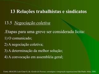 Fonte: ARAUJO, Luis César G. de. Gestão de Pessoas; estratégias e integração organizacional São Paulo: Atlas, 2006.
13 Relações trabalhistas e sindicatos
13.5 Negociação coletiva
.Etapas para uma greve ser considerada lícita:
1) O comunicado;
2) A negociação coletiva;
3) A determinação da melhor solução;
4) A convocação em assembléia geral;
 