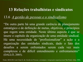 Fonte: ARAUJO, Luis César G. de. Gestão de Pessoas; estratégias e integração organizacional São Paulo: Atlas, 2006.
13 Relações trabalhistas e sindicatos
13.6 A gestão de pessoas e o sindicalismo
“De outra parte há uma grande carência de planejamento
estratégico e de definição de metas, objetivos, e princípios
que regem uma entidade. Neste último aspecto é que se
insere o capítulo da organização de uma entidade sindical.
Há uma necessidade de “profissionalizar” a ação e a
organização das entidades sindicais, dado o fato dos
desafios a serem enfrentados serem cada vez mais
complexos e de difícil entendimento e enfrentamento”
(DALLÓ, 2005).
 