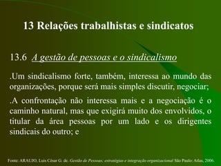 Fonte: ARAUJO, Luis César G. de. Gestão de Pessoas; estratégias e integração organizacional São Paulo: Atlas, 2006.
13 Relações trabalhistas e sindicatos
13.6 A gestão de pessoas e o sindicalismo
.Um sindicalismo forte, também, interessa ao mundo das
organizações, porque será mais simples discutir, negociar;
.A confrontação não interessa mais e a negociação é o
caminho natural, mas que exigirá muito dos envolvidos, o
titular da área pessoas por um lado e os dirigentes
sindicais do outro; e
 