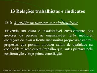 Fonte: ARAUJO, Luis César G. de. Gestão de Pessoas; estratégias e integração organizacional São Paulo: Atlas, 2006.
13 Relações trabalhistas e sindicatos
13.6 A gestão de pessoas e o sindicalismo
.Havendo um claro e insofismável envolvimento dos
gestores de pessoas as organizações terão melhores
condições de levar à frente suas muitas propostas e contra-
propostas que possam produzir saltos de qualidade na
conhecida relação capital/trabalho que, antes primava pela
confrontação e hoje prima conciliação.
 