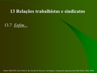 Fonte: ARAUJO, Luis César G. de. Gestão de Pessoas; estratégias e integração organizacional São Paulo: Atlas, 2006.
13 Relações trabalhistas e sindicatos
13.7 Enfim...
 