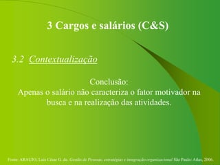 Fonte: ARAUJO, Luis César G. de. Gestão de Pessoas; estratégias e integração organizacional São Paulo: Atlas, 2006.
3 Cargos e salários (C&S)
3.2 Contextualização
Conclusão:
Apenas o salário não caracteriza o fator motivador na
busca e na realização das atividades.
 
