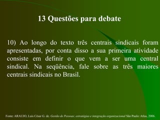Fonte: ARAUJO, Luis César G. de. Gestão de Pessoas; estratégias e integração organizacional São Paulo: Atlas, 2006.
13 Questões para debate
10) Ao longo do texto três centrais sindicais foram
apresentadas, por conta disso a sua primeira atividade
consiste em definir o que vem a ser uma central
sindical. Na seqüência, fale sobre as três maiores
centrais sindicais no Brasil.
 
