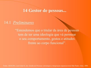 Fonte: ARAUJO, Luis César G. de. Gestão de Pessoas; estratégias e integração organizacional São Paulo: Atlas, 2006.
14 Gestor de pessoas...
14.1 Preliminares
“Entendemos que o titular da área de pessoas
tem de ter uma ideologia que vá permear
o seu comportamento, gestos e atitudes
frente ao corpo funcional”.
 