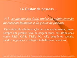 Fonte: ARAUJO, Luis César G. de. Gestão de Pessoas; estratégias e integração organizacional São Paulo: Atlas, 2006.
14 Gestor de pessoas...
14.3 As atribuições do(a) titular da administração
de recursos humanos e do gestor de pessoas
.O(a) titular da administração de recursos humanos, quase
sempre um gerente, teve na origem (anos 70) atribuições
como R&S; C&S; T&D; PC; AD; benefícios sociais;
saúde e segurança; e relações trabalhistas e sindicais;
 