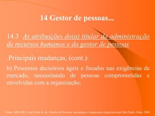 Fonte: ARAUJO, Luis César G. de. Gestão de Pessoas; estratégias e integração organizacional São Paulo: Atlas, 2006.
14 Gestor de pessoas...
14.3 As atribuições do(a) titular da administração
de recursos humanos e do gestor de pessoas
.Principais mudanças, (cont.):
b) Processos decisórios ágeis e focados nas exigências de
mercado, necessitando de pessoas comprometidas e
envolvidas com a organização;
 