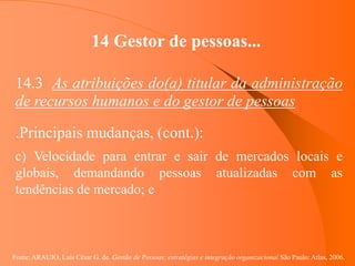 Fonte: ARAUJO, Luis César G. de. Gestão de Pessoas; estratégias e integração organizacional São Paulo: Atlas, 2006.
14 Gestor de pessoas...
14.3 As atribuições do(a) titular da administração
de recursos humanos e do gestor de pessoas
.Principais mudanças, (cont.):
c) Velocidade para entrar e sair de mercados locais e
globais, demandando pessoas atualizadas com as
tendências de mercado; e
 