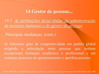 Fonte: ARAUJO, Luis César G. de. Gestão de Pessoas; estratégias e integração organizacional São Paulo: Atlas, 2006.
14 Gestor de pessoas...
14.3 As atribuições do(a) titular da administração
de recursos humanos e do gestor de pessoas
.Principais mudanças, (cont.):
d) Altíssimo grau de competitividade em padrão global
exigindo a articulação entre pessoas que tenham
excepcional formação acadêmica e profissional e em
contínuo processo de aprimoramento e aperfeiçoamento.
 