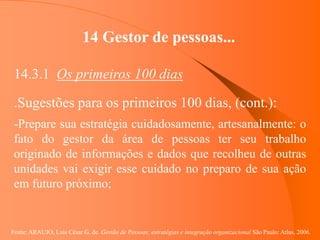 Fonte: ARAUJO, Luis César G. de. Gestão de Pessoas; estratégias e integração organizacional São Paulo: Atlas, 2006.
14 Gestor de pessoas...
14.3.1 Os primeiros 100 dias
.Sugestões para os primeiros 100 dias, (cont.):
-Prepare sua estratégia cuidadosamente, artesanalmente: o
fato do gestor da área de pessoas ter seu trabalho
originado de informações e dados que recolheu de outras
unidades vai exigir esse cuidado no preparo de sua ação
em futuro próximo;
 