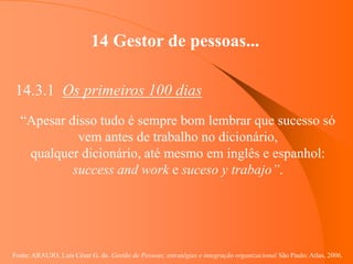 Fonte: ARAUJO, Luis César G. de. Gestão de Pessoas; estratégias e integração organizacional São Paulo: Atlas, 2006.
14 Gestor de pessoas...
14.3.1 Os primeiros 100 dias
“Apesar disso tudo é sempre bom lembrar que sucesso só
vem antes de trabalho no dicionário,
qualquer dicionário, até mesmo em inglês e espanhol:
success and work e suceso y trabajo”.
 