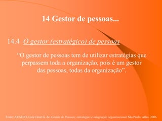 Fonte: ARAUJO, Luis César G. de. Gestão de Pessoas; estratégias e integração organizacional São Paulo: Atlas, 2006.
14 Gestor de pessoas...
14.4 O gestor (estratégico) de pessoas
“O gestor de pessoas tem de utilizar estratégias que
perpassem toda a organização, pois é um gestor
das pessoas, todas da organização”.
 