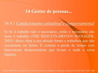 Fonte: ARAUJO, Luis César G. de. Gestão de Pessoas; estratégias e integração organizacional São Paulo: Atlas, 2006.
14 Gestor de pessoas...
14.4.1 Condicionantes atitudinal e comportamental
b) Se o trabalho não é necessário, então é necessário não
fazer o trabalho (THE RESULTS-DRIVEN MANAGER,
2005): deixe clara a sua atitude frente a trabalhos que não
necessitam ser feitos. É comum a perda de tempo com
burocracias desnecessárias que levam o nada a coisa
alguma;
 