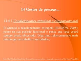Fonte: ARAUJO, Luis César G. de. Gestão de Pessoas; estratégias e integração organizacional São Paulo: Atlas, 2006.
14 Gestor de pessoas...
14.4.1 Condicionantes atitudinal e comportamental
f) Quando o relacionamento extrapola (RUNION, 2005):
pense na sua posição funcional e pense que você estará
sempre sendo observado. Diga num relacionamento mais
íntimo que no trabalho é só trabalho;
 