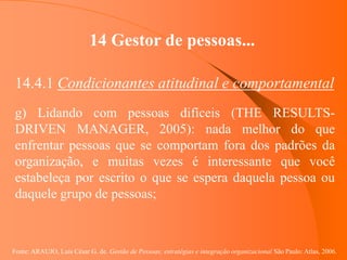 Fonte: ARAUJO, Luis César G. de. Gestão de Pessoas; estratégias e integração organizacional São Paulo: Atlas, 2006.
14 Gestor de pessoas...
14.4.1 Condicionantes atitudinal e comportamental
g) Lidando com pessoas difíceis (THE RESULTS-
DRIVEN MANAGER, 2005): nada melhor do que
enfrentar pessoas que se comportam fora dos padrões da
organização, e muitas vezes é interessante que você
estabeleça por escrito o que se espera daquela pessoa ou
daquele grupo de pessoas;
 