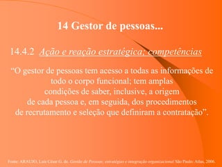 Fonte: ARAUJO, Luis César G. de. Gestão de Pessoas; estratégias e integração organizacional São Paulo: Atlas, 2006.
14 Gestor de pessoas...
14.4.2 Ação e reação estratégica; competências
“O gestor de pessoas tem acesso a todas as informações de
todo o corpo funcional; tem amplas
condições de saber, inclusive, a origem
de cada pessoa e, em seguida, dos procedimentos
de recrutamento e seleção que definiram a contratação”.
 