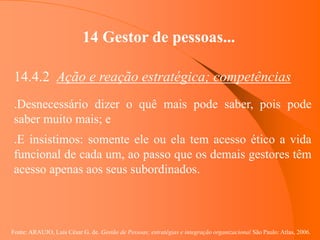 Fonte: ARAUJO, Luis César G. de. Gestão de Pessoas; estratégias e integração organizacional São Paulo: Atlas, 2006.
14 Gestor de pessoas...
14.4.2 Ação e reação estratégica; competências
.Desnecessário dizer o quê mais pode saber, pois pode
saber muito mais; e
.E insistimos: somente ele ou ela tem acesso ético a vida
funcional de cada um, ao passo que os demais gestores têm
acesso apenas aos seus subordinados.
 