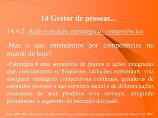 Fonte: ARAUJO, Luis César G. de. Gestão de Pessoas; estratégias e integração organizacional São Paulo: Atlas, 2006.
14 Gestor de pessoas...
14.4.2 Ação e reação estratégica; competências
.Mas o que entendemos por competências no
mundo de hoje?
-Estratégiauma somatória de planos e ações integradas
que, considerando as freqüentes variações ambientais, visa
assegurar vantagens competitivas contínuas, geradoras de
estímulos internos à sua estrutura social e de diferenciações
excelentes de seus produtos e/ou serviços, atingindo
plenamente o segmento de mercado desejado.
 
