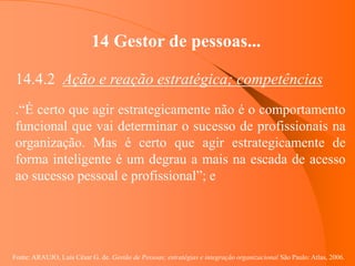 Fonte: ARAUJO, Luis César G. de. Gestão de Pessoas; estratégias e integração organizacional São Paulo: Atlas, 2006.
14 Gestor de pessoas...
14.4.2 Ação e reação estratégica; competências
.“É certo que agir estrategicamente não é o comportamento
funcional que vai determinar o sucesso de profissionais na
organização. Mas é certo que agir estrategicamente de
forma inteligente é um degrau a mais na escada de acesso
ao sucesso pessoal e profissional”; e
 
