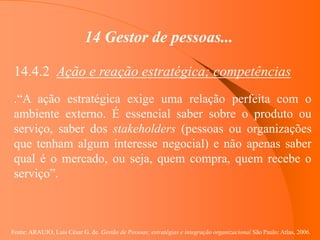 Fonte: ARAUJO, Luis César G. de. Gestão de Pessoas; estratégias e integração organizacional São Paulo: Atlas, 2006.
14 Gestor de pessoas...
14.4.2 Ação e reação estratégica; competências
.“A ação estratégica exige uma relação perfeita com o
ambiente externo. É essencial saber sobre o produto ou
serviço, saber dos stakeholders (pessoas ou organizações
que tenham algum interesse negocial) e não apenas saber
qual é o mercado, ou seja, quem compra, quem recebe o
serviço”.
 