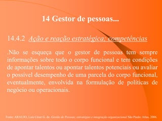 Fonte: ARAUJO, Luis César G. de. Gestão de Pessoas; estratégias e integração organizacional São Paulo: Atlas, 2006.
14 Gestor de pessoas...
14.4.2 Ação e reação estratégica; competências
.Não se esqueça que o gestor de pessoas tem sempre
informações sobre todo o corpo funcional e tem condições
de apontar talentos ou apontar talentos potenciais ou avaliar
o possível desempenho de uma parcela do corpo funcional,
eventualmente, envolvida na formulação de políticas de
negócio ou operacionais.
 