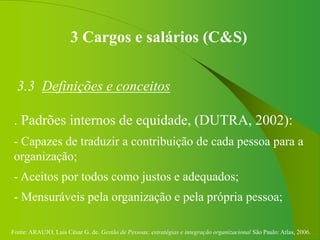 Fonte: ARAUJO, Luis César G. de. Gestão de Pessoas; estratégias e integração organizacional São Paulo: Atlas, 2006.
3 Cargos e salários (C&S)
3.3 Definições e conceitos
. Padrões internos de equidade, (DUTRA, 2002):
- Capazes de traduzir a contribuição de cada pessoa para a
organização;
- Aceitos por todos como justos e adequados;
- Mensuráveis pela organização e pela própria pessoa;
 