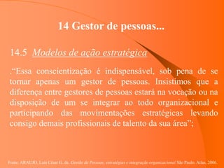 Fonte: ARAUJO, Luis César G. de. Gestão de Pessoas; estratégias e integração organizacional São Paulo: Atlas, 2006.
14 Gestor de pessoas...
14.5 Modelos de ação estratégica
.“Essa conscientização é indispensável, sob pena de se
tornar apenas um gestor de pessoas. Insistimos que a
diferença entre gestores de pessoas estará na vocação ou na
disposição de um se integrar ao todo organizacional e
participando das movimentações estratégicas levando
consigo demais profissionais de talento da sua área”;
 