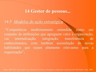 Fonte: ARAUJO, Luis César G. de. Gestão de Pessoas; estratégias e integração organizacional São Paulo: Atlas, 2006.
14 Gestor de pessoas...
14.5 Modelos de ação estratégica
.“Competência modernamente entendida como um
conjunto de atribuições que agreguem valor à organização,
via internalização, integração, transferência de
conhecimentos, com também assimilação de novas
habilidades que sejam altamente relevantes para a
organização”;
 